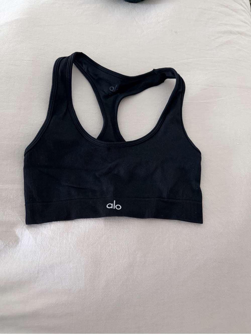 ALO Yoga Black Ribbed Racerback Sports Bra with Logo